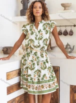 Wholesale Women's Casual Plants Notched Neck Knee Length Woven Ruffle Trim Tank Dress JSN156#, LIUHUA CLOTHING WHOLESALE