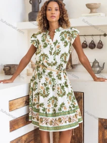 Wholesale Women's Casual Plants Notched Neck Knee Length Woven Ruffle Trim Tank Dress JSN156#, LIUHUA CLOTHING WHOLESALE