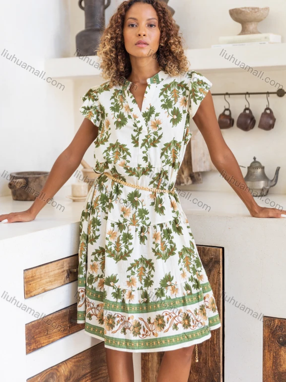 Wholesale Women's Casual Plants Notched Neck Knee Length Woven Ruffle Trim Tank Dress JSN156#