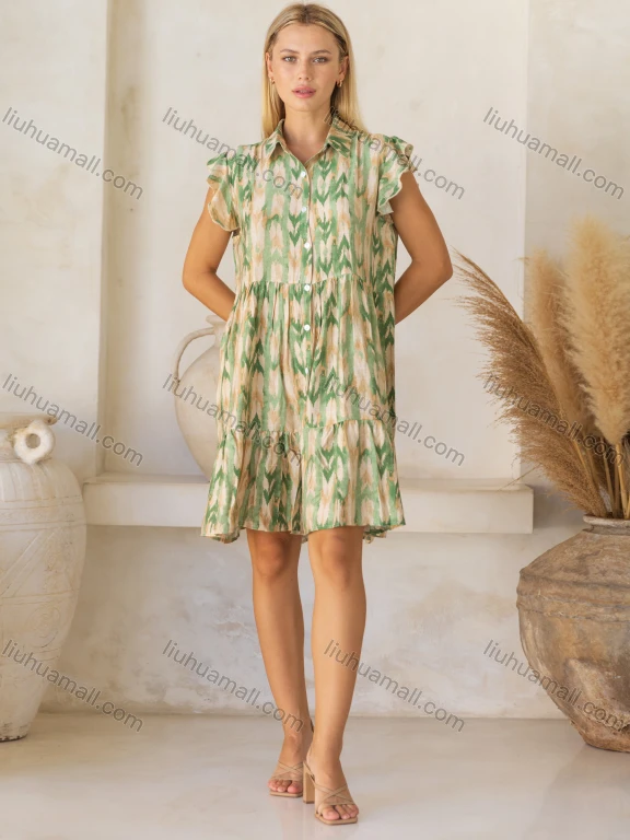Wholesale Women's Casual Abstract Collared Button Down Ruched Ruffle Hem Knee Length Woven Tank Dress JSN157#