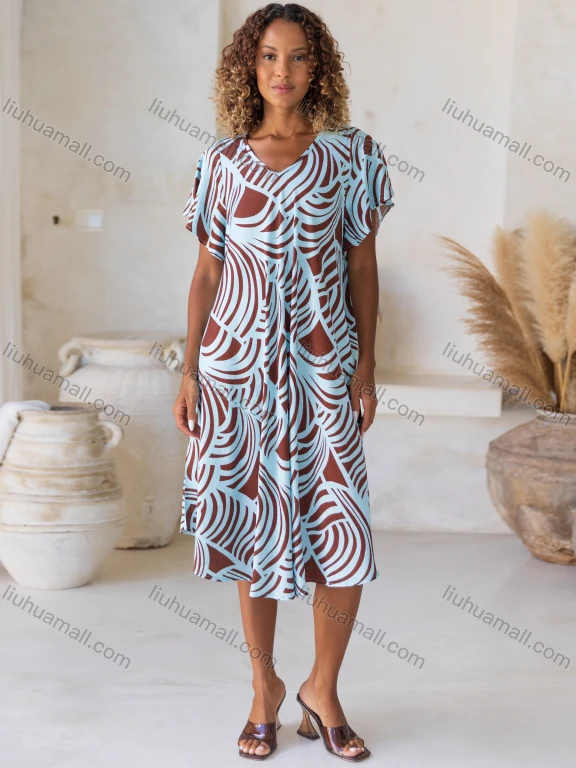 Wholesale Women's Casual Abstract V Neck Short Sleeve Woven Midi Dress JSN158#