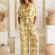 Wholesale Women's Casual Allover Print Lapel Woven Half Sleeve Top & Patch Pocket Pant 2 Piece Set JSN160# Yellow Clothing Wholesale Market Liuhua