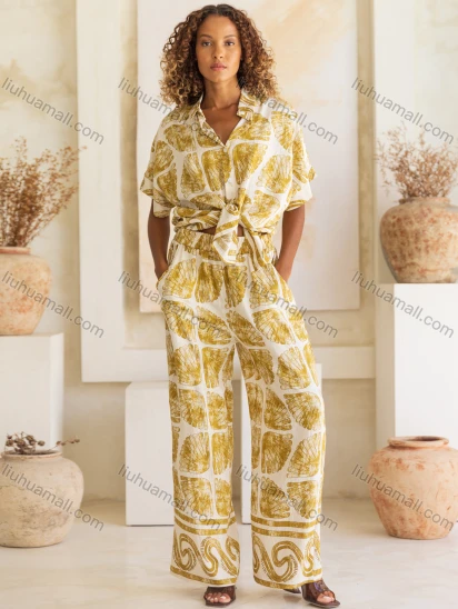 Wholesale Women's Casual Allover Print Lapel Woven Half Sleeve Top & Patch Pocket Pant 2 Piece Set JSN160#