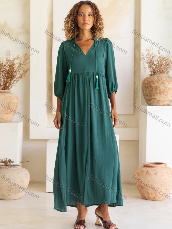 Wholesale Women's Casual Plain V Neck Half Sleeve Split Hem Ruched Woven Maxi Dress JSN161#