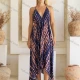 Wholesale Women's Casual Abstract Print V Neck High Waist Asymmetrical Hem Maxi Woven Halter Dress K1670# Blue Clothing Wholesale Market Liuhua