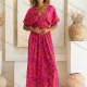 Wholesale Women's Casual Half Sleeve Tree Print Deep V Neck Shirred Maxi Woven Dress K1672# Rose Red Clothing Wholesale Market Liuhua