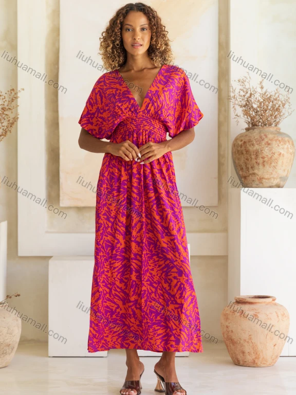 Wholesale Women's Casual Half Sleeve Tree Print Deep V Neck Shirred Maxi Woven Dress K1672#