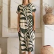Wholesale Women's Casual Leaf Print Crew Neck Short Sleeve Button Down Woven Maxi Dress TD1151# Green Clothing Wholesale Market Liuhua