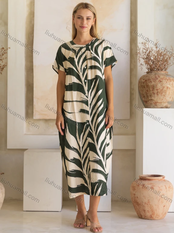 Wholesale Women's Casual Leaf Print Crew Neck Short Sleeve Button Down Woven Maxi Dress TD1151#