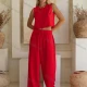 Wholesale Women's Casual Plain Round Neck Woven Tank Top & Patch Pocket Pant 2 Piece Set V5268# Red Clothing Wholesale Market Liuhua