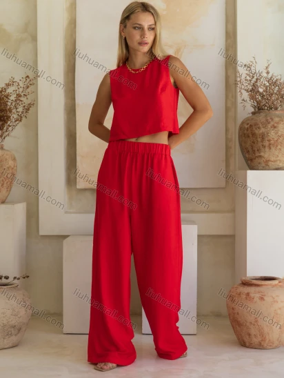 Wholesale Women's Casual Plain Round Neck Woven Tank Top & Patch Pocket Pant 2 Piece Set V5268#