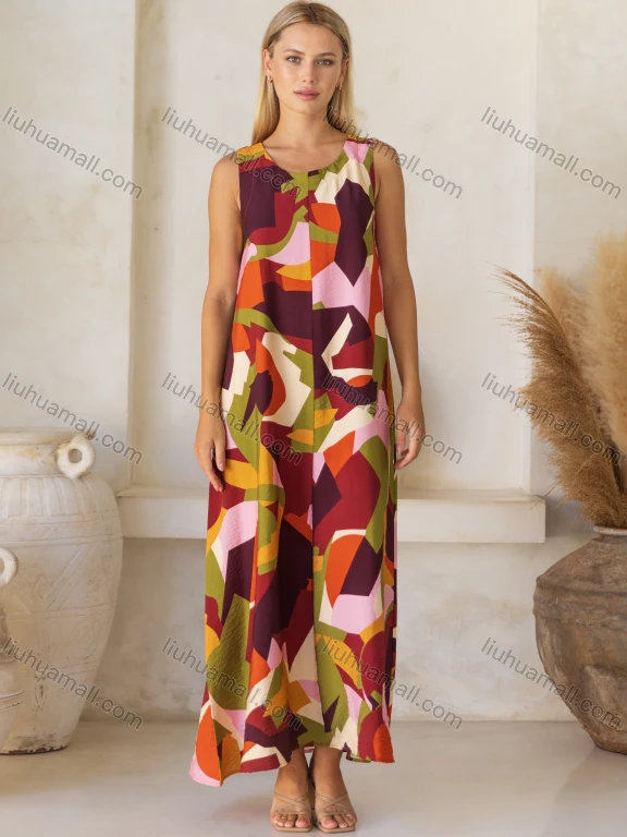 Wholesale Women's Casual Geometric Crew Neck Maxi Woven Tank Dress V5270#