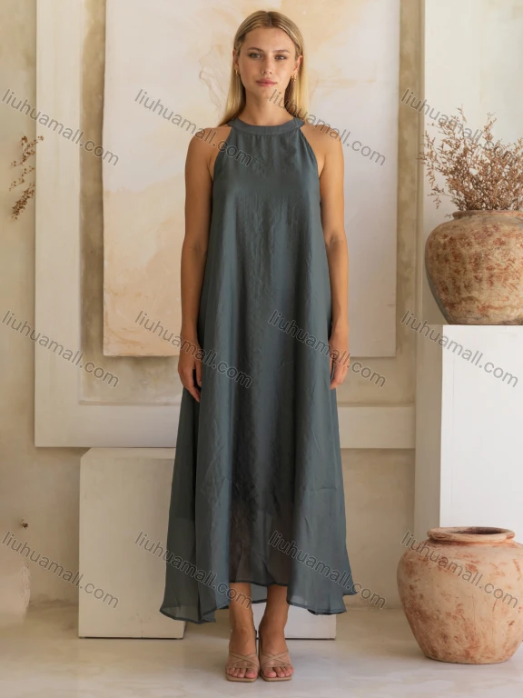 Wholesale Women's Casual Summer Plain Maxi Woven Halter Dress V5271#