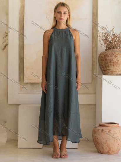 Wholesale Women's Casual Summer Plain Maxi Woven Halter Dress V5271#