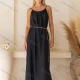 Wholesale Women's Casual Plain Ruched Maxi Woven Halter Dress V5293# Black Clothing Wholesale Market Liuhua