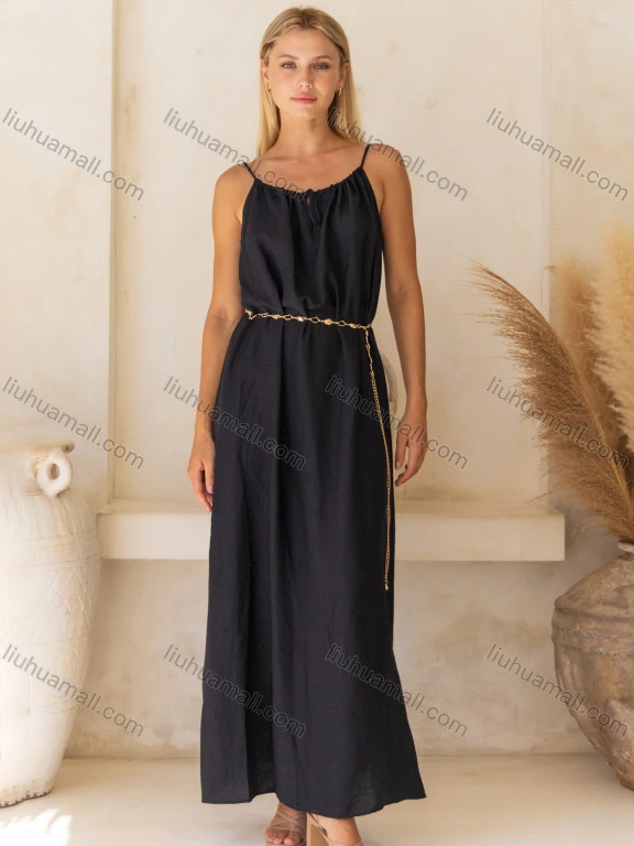 Wholesale Women's Casual Plain Ruched Maxi Woven Halter Dress V5293#