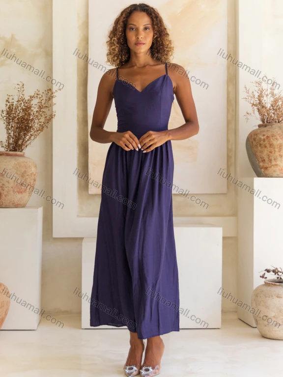 Wholesale Women's Casual Plain Ruched High Waist Maxi Woven Cami Dress V5295#