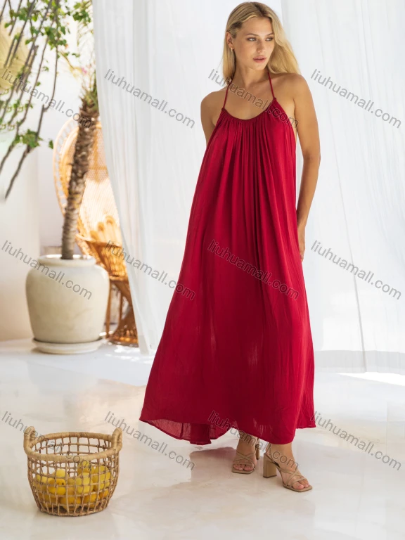 Wholesale Women's Casual Plain Ruched Backless Spaghetti Strap Maxi Woven Cami Dress V5299#
