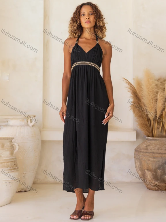 Wholesale Women's Casual Summer Plain High Waist Backless Maxi Woven Halter Dress V5301#
