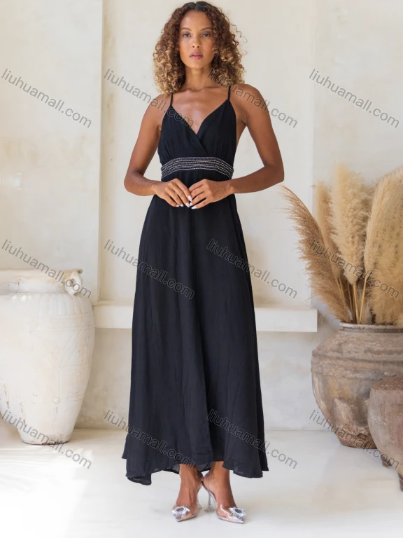 Wholesale Women's Casual Summer Plain High Waist Deep V Neck Maxi Woven Halter Dress V5302#