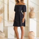 Wholesale Women's Elegant Plain Off Shoulder Shirred Ruched Short Sleeve Woven Short Dress V5306# Black Clothing Wholesale Market Liuhua