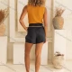 Wholesale Women's Casual Plain Patch Pocket High Waist Metal Decor Shorts V5308# Black Clothing Wholesale Market Liuhua
