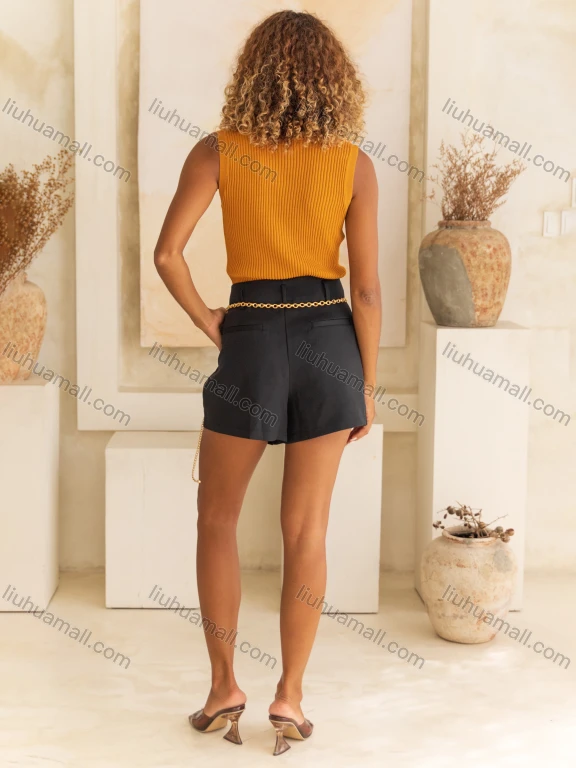 Wholesale Women's Casual Plain Patch Pocket High Waist Metal Decor Shorts V5308#
