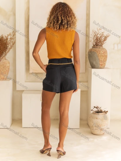 Wholesale Women's Casual Plain Patch Pocket High Waist Metal Decor Shorts V5308#