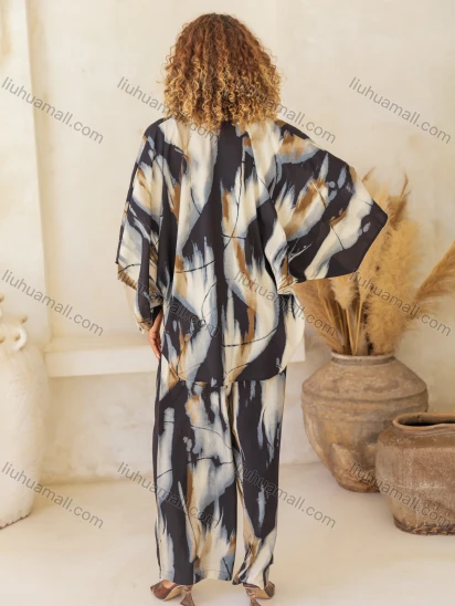 Wholesale Women's Casual Abstract Print High Waist Wide Leg Woven Pant V5312#