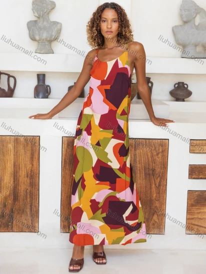 Wholesale Women's Casual Geometric Scoop Neck Woven Maxi Cami Dress V5351-1#