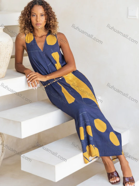 Wholesale Women's Casual Summer Colorblock V Neck Maxi Woven Tank Dress V5352#