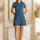 Wholesale Women's Casual Summer Plain Collared High Waist Short Sleeve Woven Shirt Short Dress V5353# Blue Clothing Wholesale Market Liuhua