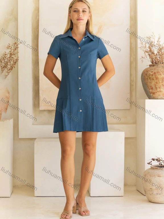 Wholesale Women's Casual Summer Plain Collared High Waist Short Sleeve Woven Shirt Short Dress V5353#