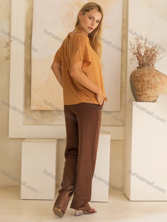 Wholesale Women's Casual Plain High Waist Woven Straight Leg Pants V5354#