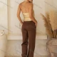 Wholesale Women's Casual Plain High Waist Woven Straight Leg Pants V5354# Coffee Clothing Wholesale Market Liuhua