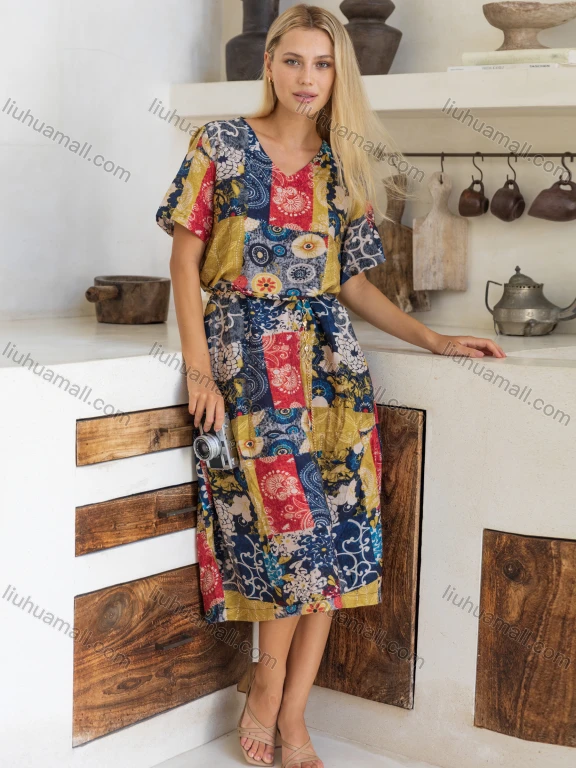 Wholesale Women's Fashion Patchwork V Neck Short Sleeve Patch Pocket Woven Midi Dress V5358#