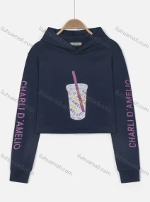 Wholesale Women's Cartoon Pattern & Letter Print Long Sleeve Cropped Drawstring Hoodie, LIUHUA CLOTHING WHOLESALE