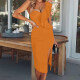 Women's Sexy One Shoulder Slim Fit Split Thign Layered Midi Dress T3766# Clothing Wholesale Market -LIUHUA