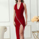 Women's Elegant Open Back Thign Split Pearl Decor Splicing Halter Maxi Evening Dress T169# Clothing Wholesale Market -LIUHUA