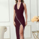 Women's Elegant Open Back Thign Split Pearl Decor Splicing Halter Maxi Evening Dress T1849# Clothing Wholesale Market -LIUHUA