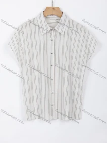 Wholesale Women's Casual Striped Collared Cap Sleeve Button Down Rhinestone Shirt A1309-3#, LIUHUA CLOTHING WHOLESALE