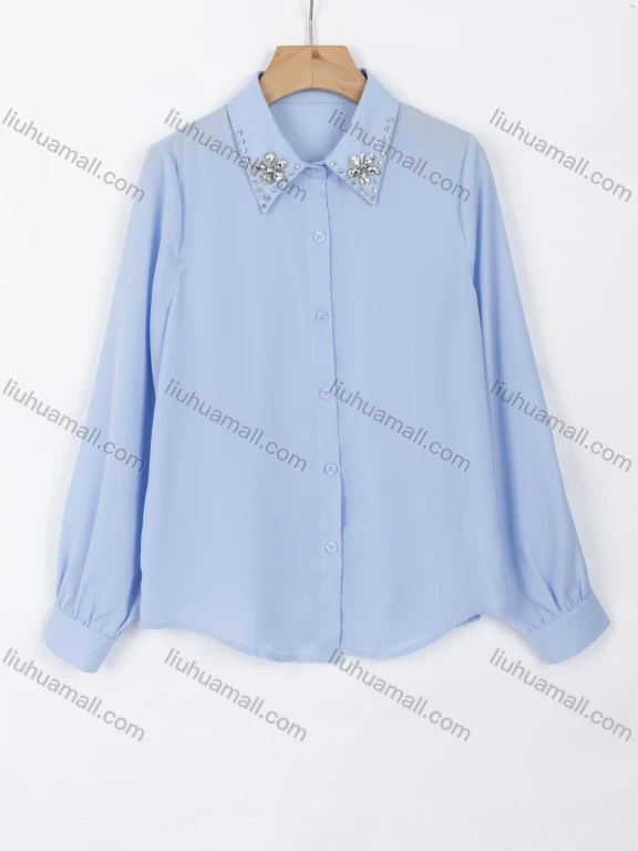 Wholesale Women's Elegant Plain Collared Long Sleeve Button Down Rhinestone Ruched Shirt A1309-1#