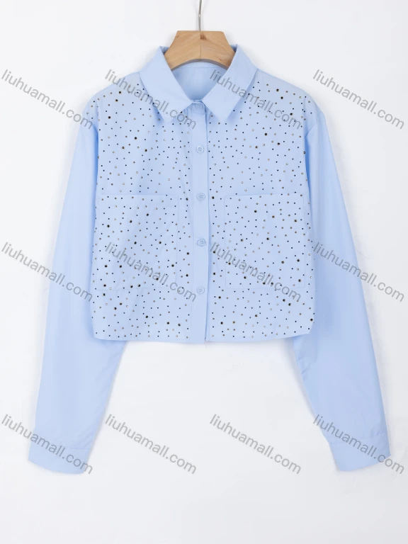 Wholesale Women's Elegant Plain Rhinestone Collared Long Sleeve Button Down Dual Pockets Crop Shirt A1309-2#