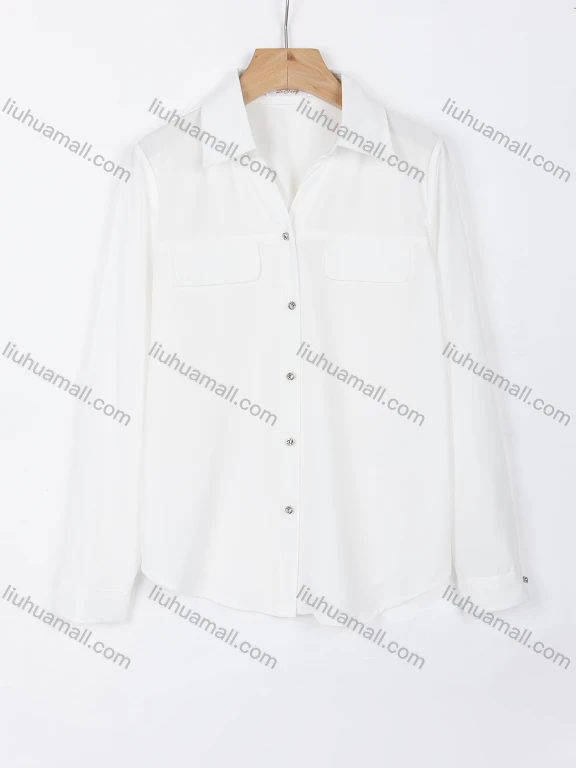 Wholesale Women's Elegant Plain Collared Long Sleeve Button Down Fake Pocket Shirt A1309-5#