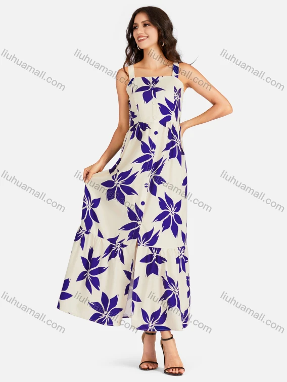 Wholesale Women's Elegant Floral Print Buttons Front Shirred Maxi Cami Dress, Guangzhou Clothing Wholesale Market & Suppliers - LIUHUAMALL, 