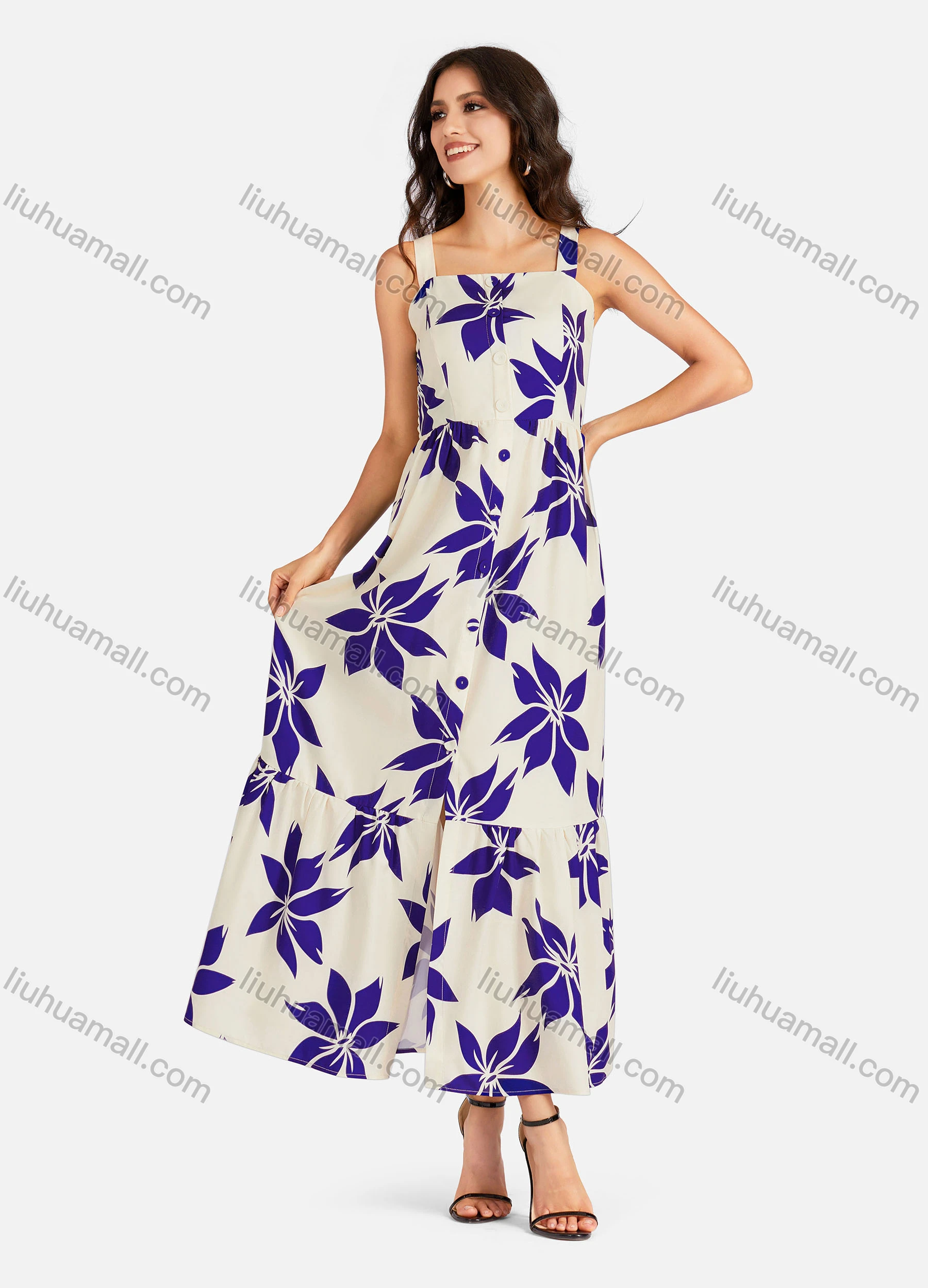 Wholesale Women's Elegant Floral Print Buttons Front Shirred Maxi Cami Dress