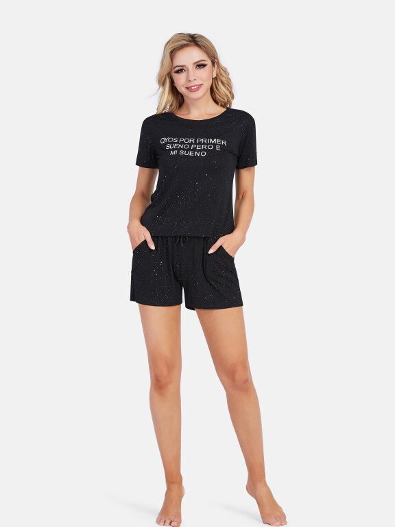 Women's Starry Sky Letter Print T Shirt Lounge 2 Piece Set, Clothing Wholesale Market -LIUHUA, WOMEN, Sleepwear