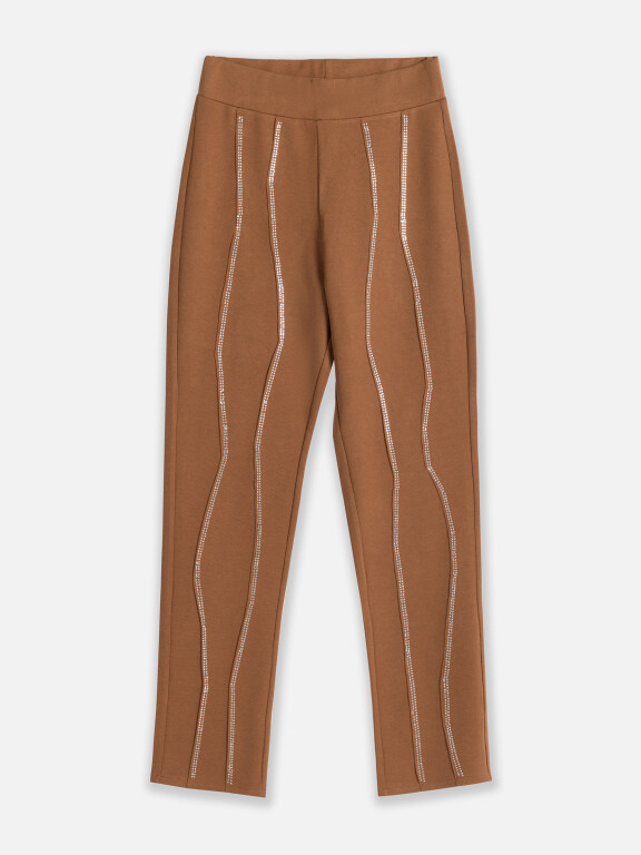 Women's Casual Plain Elastic Waist Rhinestone Decor Straight Leg Pants 2#, Clothing Wholesale Market -LIUHUA, WOMEN, Bottoms