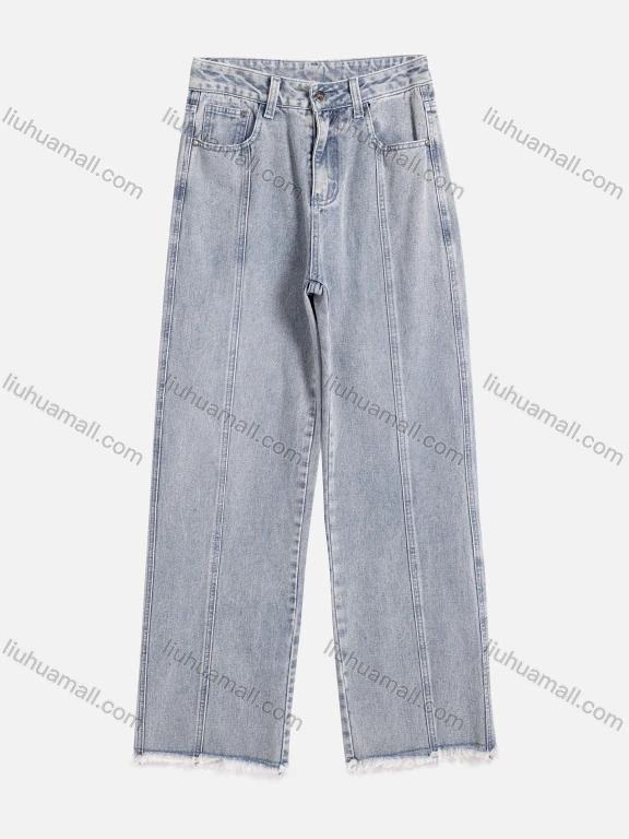 Wholesale Women's Casual Plain Distressed 100%Cotton Frayed Raw Hem Multiple Pockets Wide Leg Jean 5#