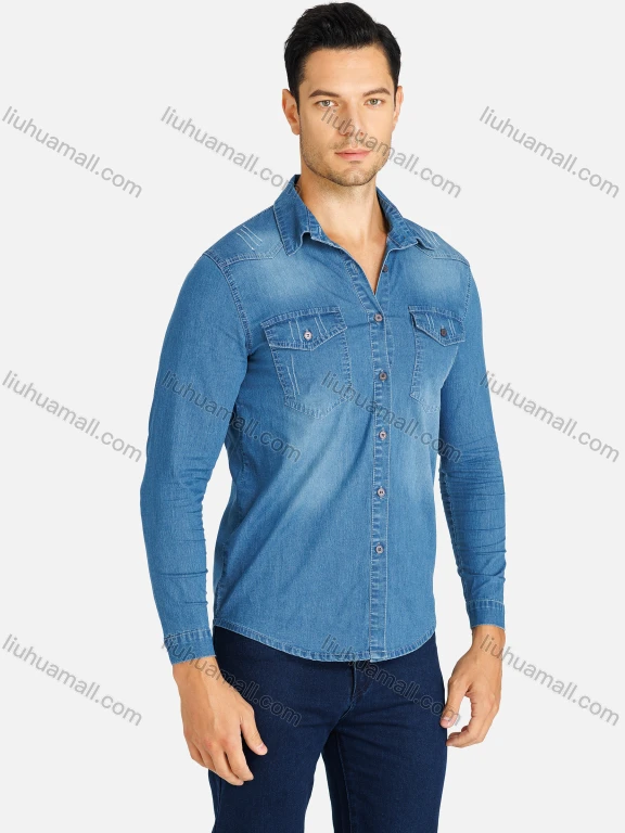 Wholesale Men's Casual Distressed Plain Button Down Long Sleeve Denim Shirt